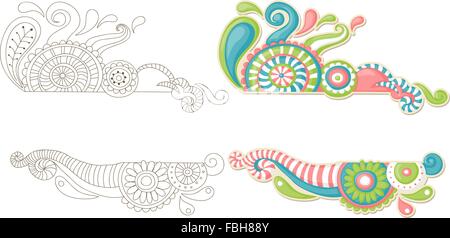 Carino infantile doodle - contorno e la versione a colori Illustrazione Vettoriale