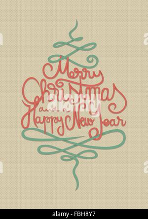 Auguriamo a tutti un Buon Natale e un Felice Anno Nuovo Card con ricci scritte a mano Illustrazione Vettoriale