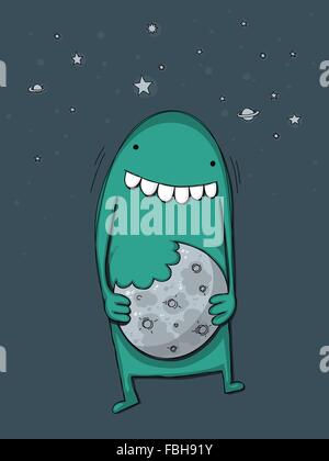 Cartoon carino mostro di confondere la luna per un cookie Illustrazione Vettoriale