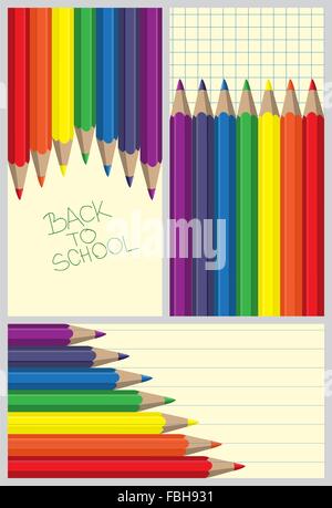 Un set di tre matite colorate sfondo con spazio per il vostro messaggio e manoscritti si torna a scuola Illustrazione Vettoriale