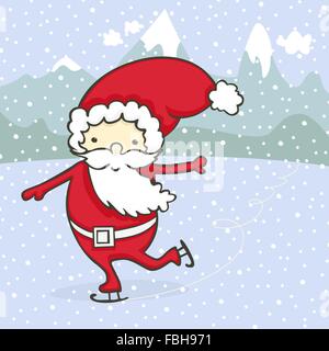 Cartoon santa pattinaggio su sfondo d'inverno. Illustrazione Vettoriale