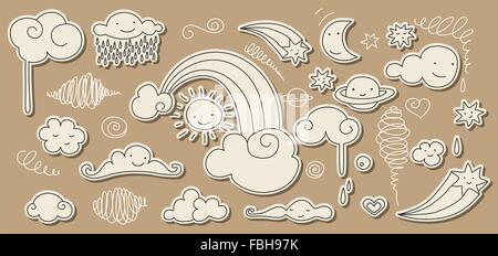 Carino scarabocchio di sky elementi: sole, luna, nuvole, stelle, rainbow. Illustrazione Vettoriale