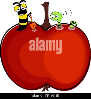 Due worm in un rosso apple cartoon Illustrazione Vettoriale