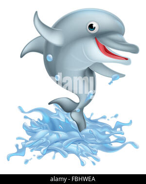 Un felice cartoon dolphin salta fuori dell'acqua creando una grande splash Foto Stock