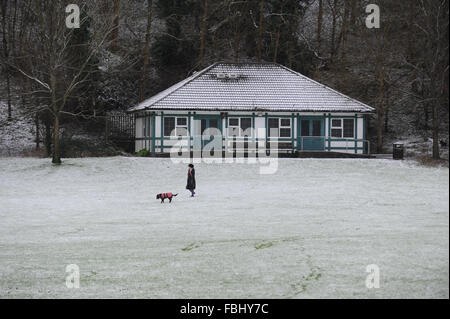Una donna cammina il suo cane attraverso una coperta di neve campo al posto Patcham massa di ricreazione in Brighton, East Sussex, Regno Unito. Foto Stock