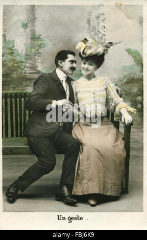 Cartolina, storico, giovane, una panchina nel parco, si avvicina, ammirazione, Foto Stock