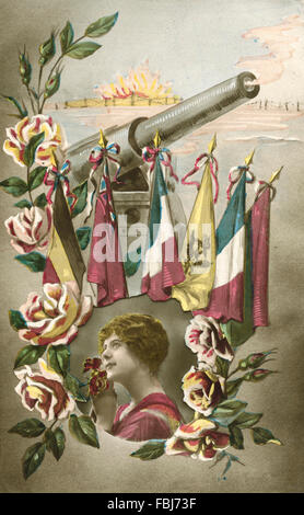 Cartolina, storico, ritratto di donna, serbatoio, rose, bandiere, Foto Stock