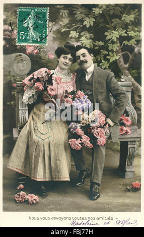 Cartolina, storico, giovane, fiori, una panchina nel parco, Foto Stock