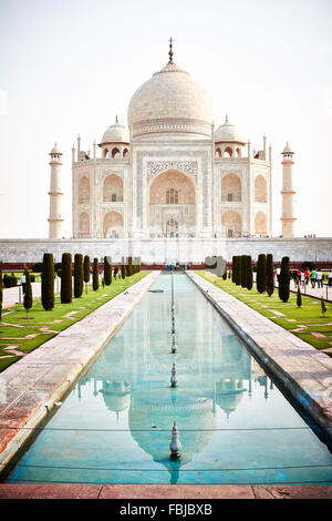 Il Taj Mahal, riflesso nell'acqua, Mausoleo, India, Agra, Uttar Pradesh Foto Stock