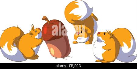 Cartoon illustrazione di tre scoiattoli che circonda un dado gigante. Illustrazione Vettoriale