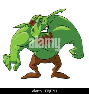 Colorata illustrazione vettoriale di un muscolare di Green Goblin. Arrabbiato thug. Illustrazione Vettoriale