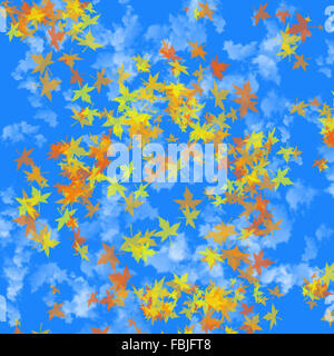 Stagionale autunno sfondo colorato con caduta foglie e nuvole bianche nel blu del cielo Foto Stock