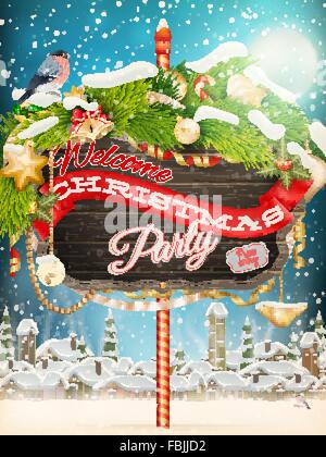 Banner in legno con Natale pelliccia-rami di alberi. Illustrazione Vettoriale