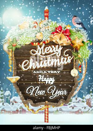 Banner in legno con Natale pelliccia-rami di alberi. Illustrazione Vettoriale