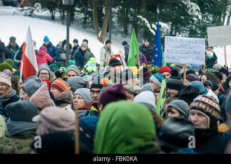 Varsavia, Polonia. Xvii gen, 2016. " Il marzo del Ents'. Protesta ambientale contro albero-il taglio in Bialowieza foreste vergini. Le autorità affermano che il taglio degli alberi aumenta è richiesto per arrestare un focolaio di unione bostrico. Circa 3000 manifestanti radunati davanti all'ufficio del Primo Ministro. Polonia - Varsavia 17 gennaio 2016. Credito: Piotr Skubisz/Alamy Live News Foto Stock