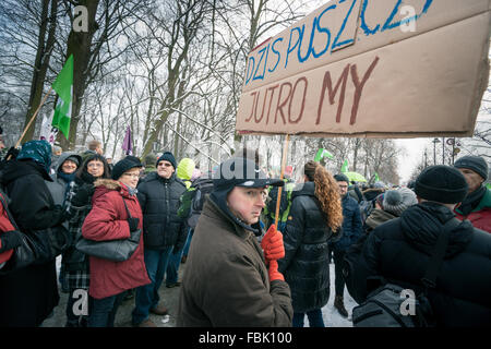 Varsavia, Polonia. Xvii gen, 2016. " Il marzo del Ents'. Protesta ambientale contro albero-il taglio in Bialowieza foreste vergini. Le autorità affermano che il taglio degli alberi aumenta è richiesto per arrestare un focolaio di unione bostrico. Circa 3000 manifestanti radunati davanti all'ufficio del Primo Ministro. Polonia - Varsavia 17 gennaio 2016. Credito: Piotr Skubisz/Alamy Live News Foto Stock