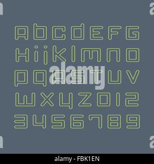 Set di contorno urbano stile, alfabeto lettere. sentiero verde caratteri e numeri. vettore contemporaneo font type design Illustrazione Vettoriale