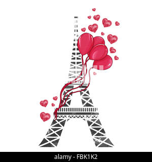 Torre Eiffel con ballons, rossetto marchi e cuori Foto Stock