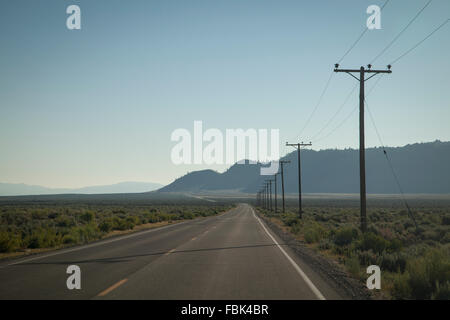 Lunga strada diritta con pali del telegrafo in America Foto Stock