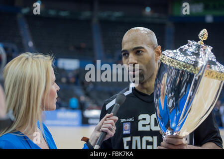 Birmingham, Regno Unito, 17 gennaio 2016. Newcastle Eagles vs Leicester piloti in BBL Cup Final 2016 a Barclaycard Arena. Newcastle Eagles ha vinto 94 a 82. Credito: pmgimaging/Alamy Live News Foto Stock