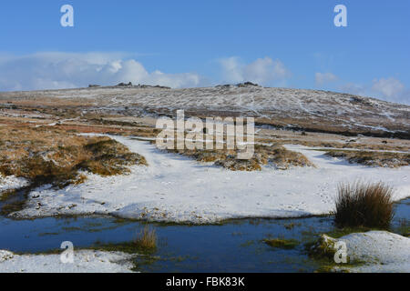 Vista da Whitchurch comune per la pinzatura tori nel Parco Nazionale di Dartmoor in inverno dopo una nuova caduta di neve. Devon, Inghilterra. Foto Stock