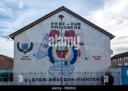 Libera i nostri prigionieri murale di Ulster combattenti per la libertà nella Dee Street nella zona est di Belfast Foto Stock