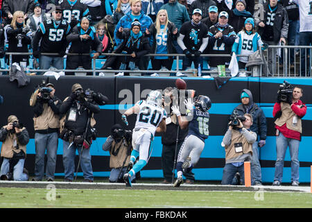 Charlotte, North Carolina, Stati Uniti d'America. Xvii gen, 2016. Seattle Seahawks wide receiver Lockett Tyler (16) segnando un TD presso la Bank of America Stadium di Charlotte, NC. Carolina Panthers andare a vincere da 31 a 24 sopra il Seattle Seahawks nella NFC Divisional playoff. Credito: Jason Walle/ZUMA filo/Alamy Live News Foto Stock