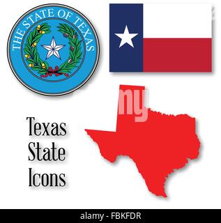 La guarnizione di tenuta degli Stati Uniti di stato americano TEXAS con silhouette mappa e bandiera isolata su uno sfondo bianco. Illustrazione Vettoriale