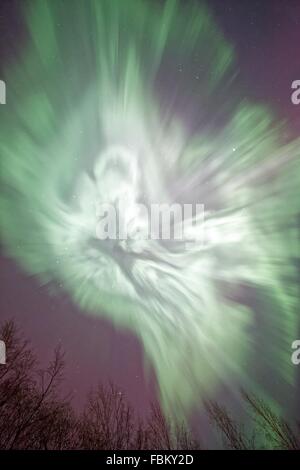 Luci del nord (Aurora Boreale) incandescente nel cielo notturno su un lago ghiacciato in Finlandia. Colori vibranti della corona è chiaramente v Foto Stock