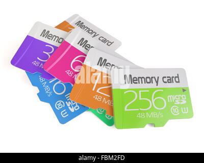 3D rendering di coloratissimi memoria micro sd card heap. Isolato su sfondo bianco Foto Stock