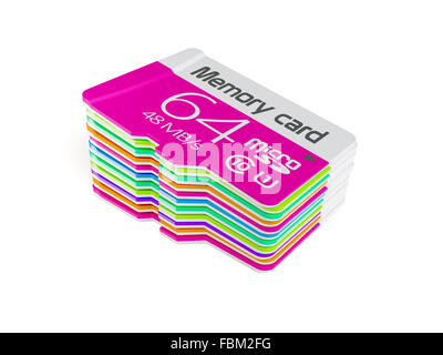 3D rendering di coloratissimi memoria micro sd card stack. Isolato su sfondo bianco Foto Stock