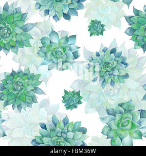 Dipinte a mano e senza soluzione di continuità con texture verde pianta tropicale isolata su sfondo bianco, Sempervivum illustrazione botanica Foto Stock