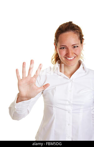 Happy business donna che mostra cinque dita di una mano Foto Stock