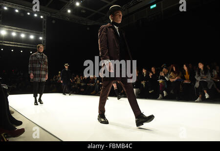 Hong Kong. 18 gennaio, 2016. I modelli di creazione presente durante la Hong Kong Fashion Week per l'Autunno/Inverno nel sud della Cina di Hong Kong, Gennaio 18, 2016. Credito: Lui Siu Wai/Xinhua/Alamy Live News Foto Stock