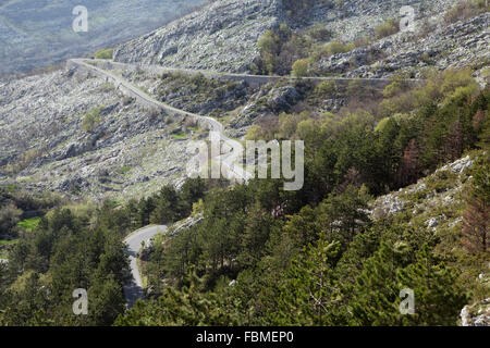 Serpentina di avvolgimento strada asfaltata nelle montagne del Montenegro Foto Stock