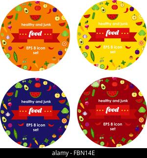 Vettore di frutta e verdura le illustrazioni in quattro tondi adesivi Illustrazione Vettoriale