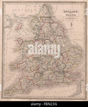 Inghilterra e Galles che mostra le contee e le ferrovie. Colore originale. JOHNSON, 1850 Mappa Foto Stock