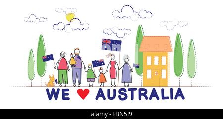 L'Australia Day Bandiera Nazionale della Famiglia abbraccio per bambini Illustrazione Vettoriale