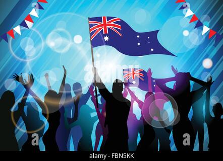 Gruppo di persone Silhouette folla attesa bandiera Australia Day parte Illustrazione Vettoriale