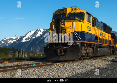Un Alaska Railroad treno che viaggia tra Seward e ancoraggio da braccio Turnagain centromeridionale, Alaska, Stati Uniti d'America Foto Stock