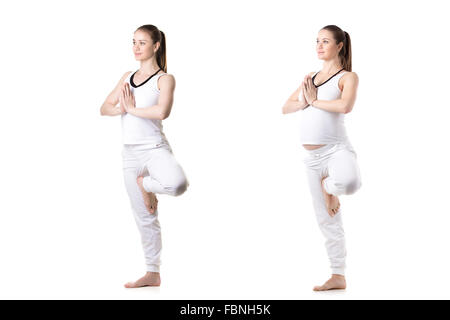 Immagine composita di giovani felici modello di fitness in bianco sportswear fare yoga o pilates formazione prima e durante la gravidanza Foto Stock