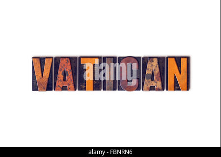 La parola "Vaticano", scritto in isolati vintage in legno tipo di stampa in rilievo su uno sfondo bianco. Foto Stock