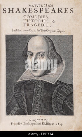 La pagina del titolo di William Shakespeare Folio prima di raccolte di opere, pubblicato nel 1623, con incisione su rame di Martin Droeshout Foto Stock