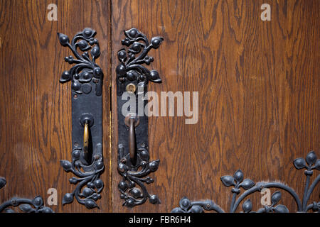 Dipinto di maniglie in ottone sulla vecchia porta di legno Foto Stock