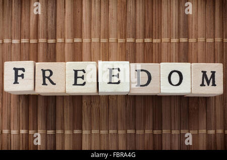 Libertà parola scritta su blocchi di legno. Foto Stock