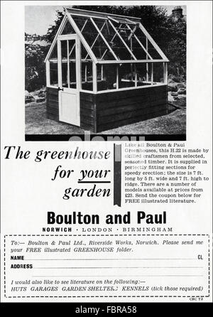 Vintage originale annuncio da anni cinquanta. La pubblicità dal 1954 pubblicità un giardino serra da Boulton e Paolo di Norwich. Foto Stock