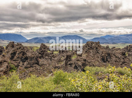 Nord Islanda Islanda. 1 agosto, 2015. Il gigante frastagliati vulcanico campo di lava a Dimmuborgir (letteralmente ''˜buio Castelli") con una forma insolita pilastri, dirupi e formazioni rocciose, reminiscenza di una antica cittadella collassato, fu creato circa duemila anni fa da un flusso di lava. Queste strutture drammatiche, a est di MÃ½vatn nel nord dell'Islanda, sono uno dei suoi più popolari naturale attrazioni turistiche. © Arnold Drapkin/ZUMA filo/Alamy Live News Foto Stock