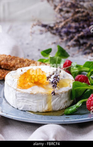 Close up di formaggio caprino fresco, servito con il miele, favo di miele, lavanda, lamponi, insalata verde e toast integrali su bianco te Foto Stock