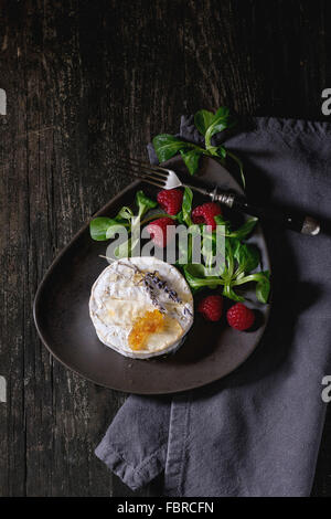 Marrone piastra in ceramica con formaggio caprino fresco e servito con il miele, favo di miele, lavanda, lamponi e insalata verde sul tessile grigio Foto Stock