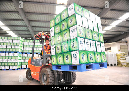 Chengdu, cinese della provincia di Sichuan. 1 agosto, 2015. Un lavoratore trasferisce i prodotti in corrispondenza di una birreria a Chengdu, capitale del sud-ovest della Cina di provincia di Sichuan, 1 agosto 2015. L'economia cinese è cresciuto del 6,9 per cento nel 2015. © Liu Kun/Xinhua/Alamy Live News Foto Stock